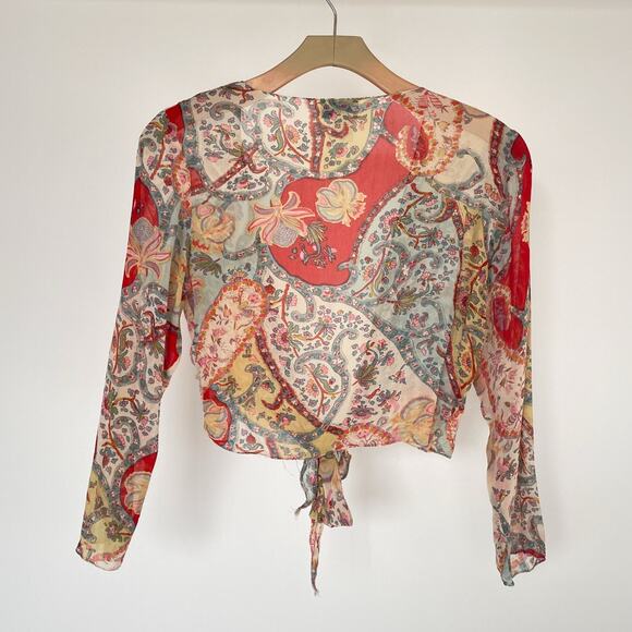 Vintage 90s Y2K Sheer Beaded Paisley Open Tied Top / Sz M / Boho Hippie Crop - Picture 2 of 8